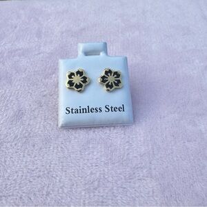 Gold and Black Stainless Steel Flower Earrings